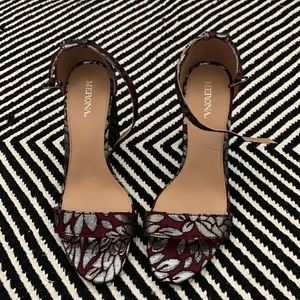 Merona burgundy and silver flower heels.